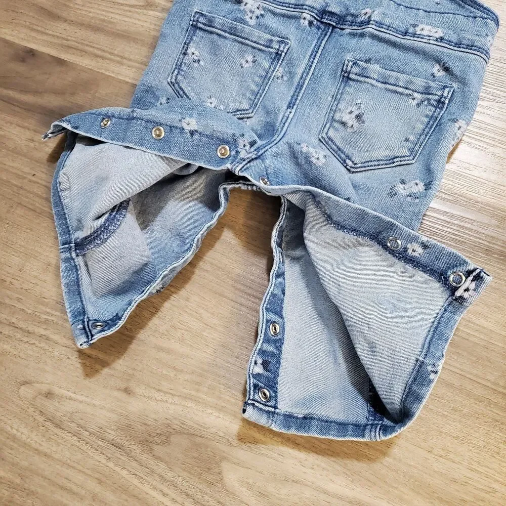 Vtg Oshkosh B'gosh Denim Floral overalls size 6 months Snap Leg Ruffel Strap